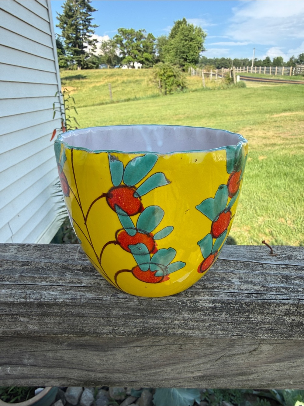 Yellow Floral Ceramic Planter Pot with Turquoise Accents